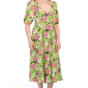 WAYF Green Floral Puff Sleeve Midi Slit Dress XS BNWT